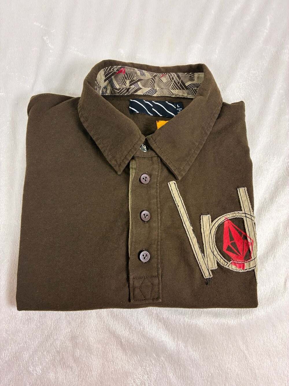 Volcom Polo Shirt Size L Brown Graphic Applique Y2K